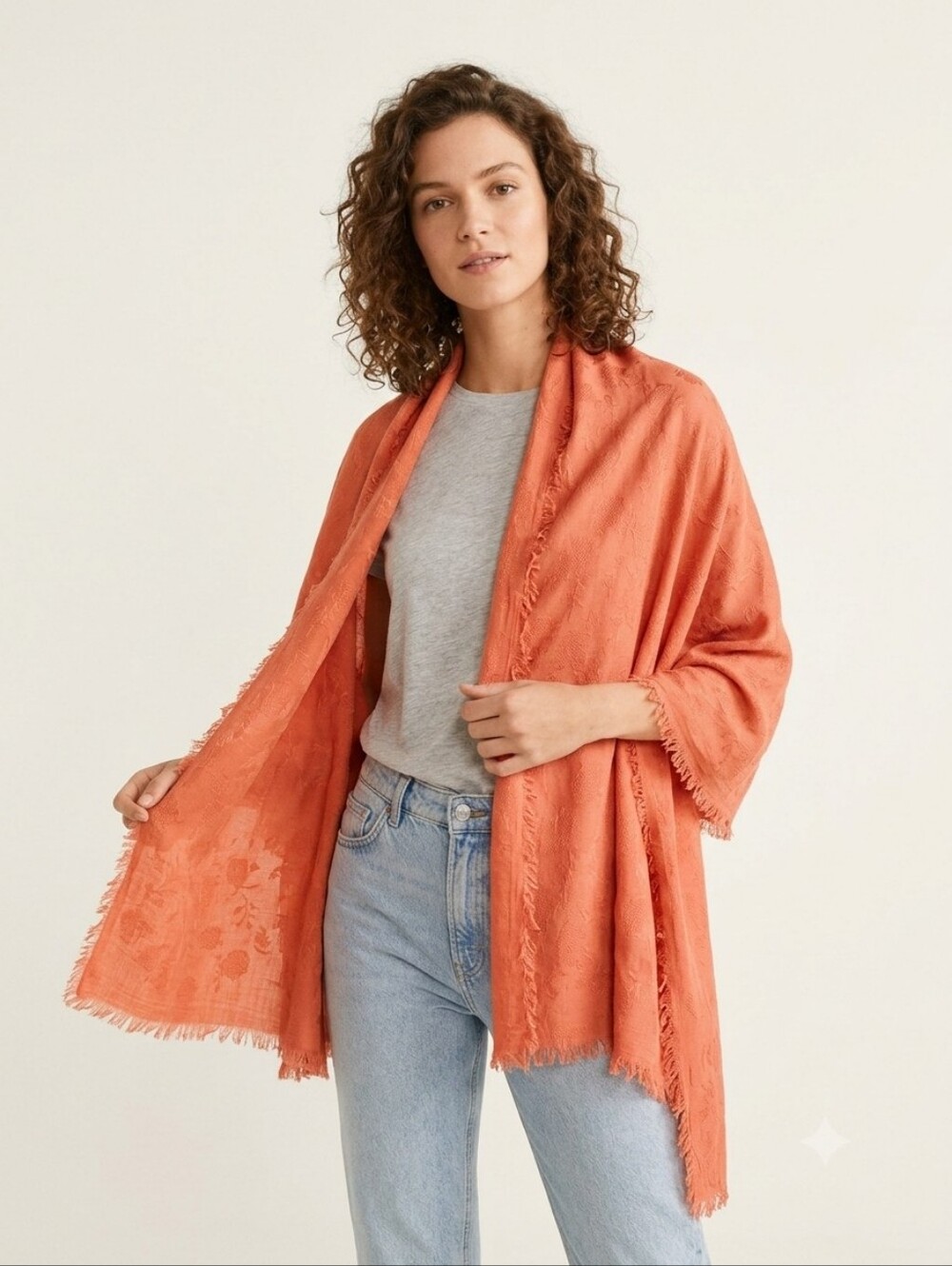 Mango Floral Jacquard Fringed Scarf Shawl Wrap Coral Orange Boho Festival